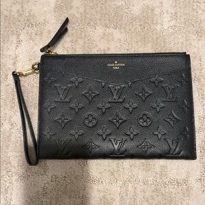Louis Vuitton Black Embossed Monogram Wristlet Pouch with Gold Hardware